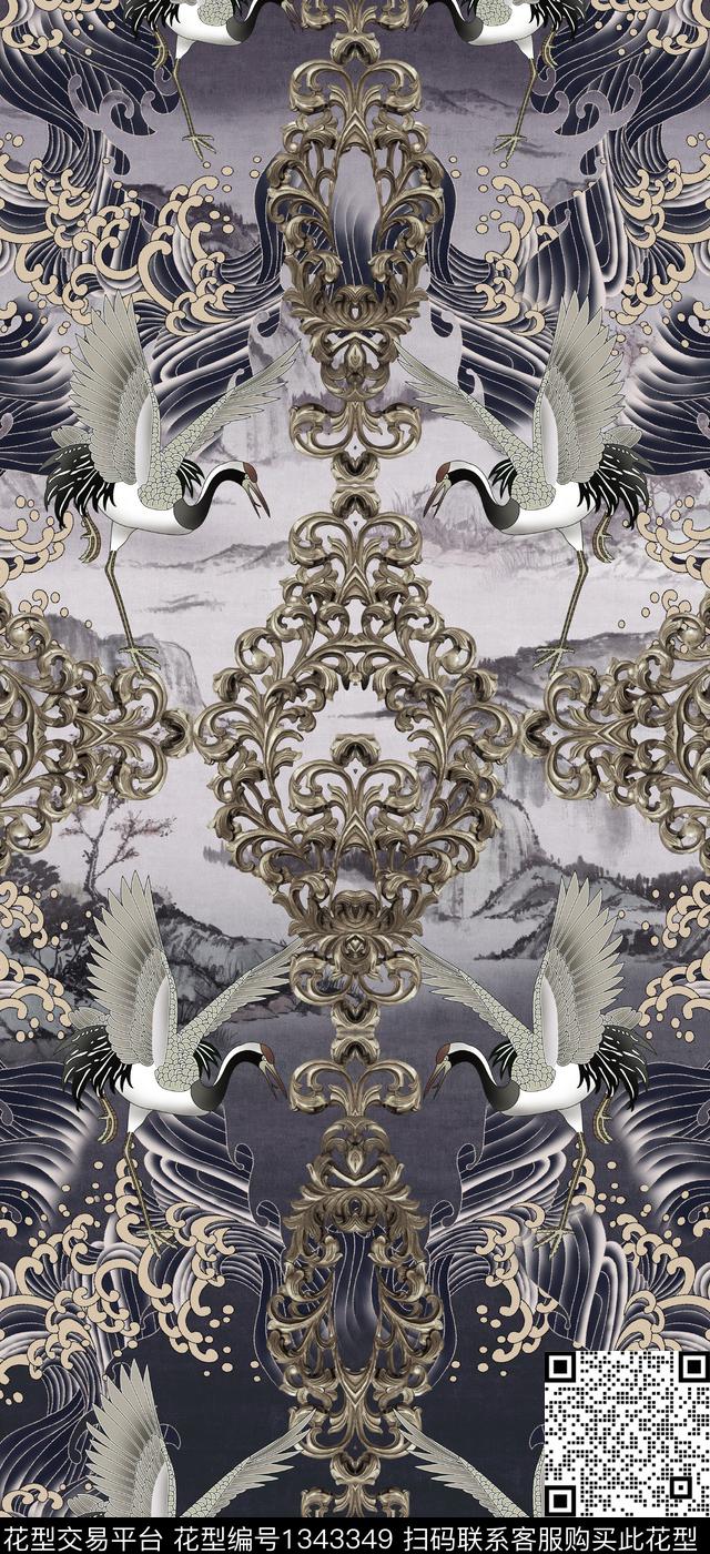 宫廷风女装定位花仙鹤数码印花华亿平台下载（图片编号: 1343349） - 瓦栏（Walan）