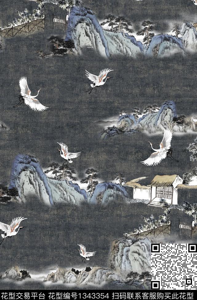 仙鹤中国风山石数码印花华亿平台下载（图片编号: 1343354） - 瓦栏（Walan）