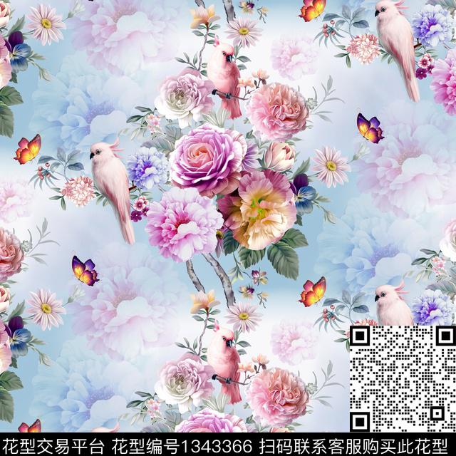 鹦鹉动物花卉花卉蝴蝶数码印花华亿平台下载（图片编号: 1343366） - 瓦栏（Walan）