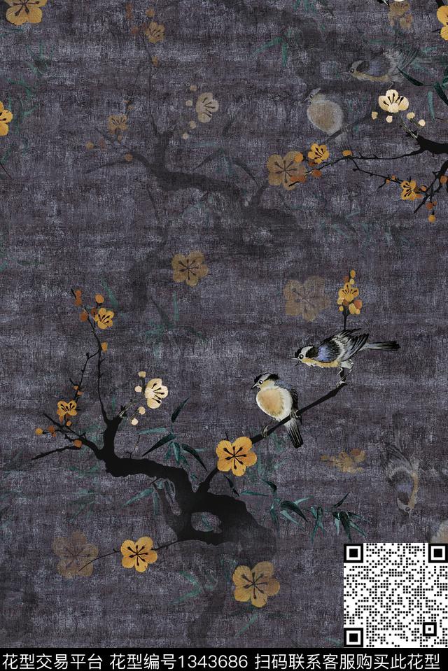 花鸟梅花中老年数码印花华亿平台下载（图片编号: 1343686） - 瓦栏（Walan）