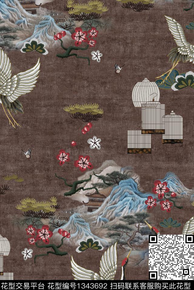 花鸟仙鹤中国风数码印花华亿平台下载（图片编号: 1343692） - 瓦栏（Walan）