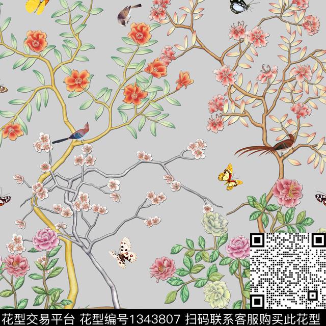 花卉蝴蝶方巾花鸟数码印花华亿平台下载（图片编号: 1343807） - 瓦栏（Walan）