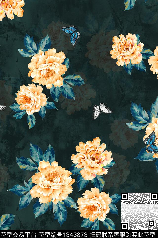 花卉香云纱大牌风数码印花华亿平台下载（图片编号: 1343873） - 瓦栏（Walan）