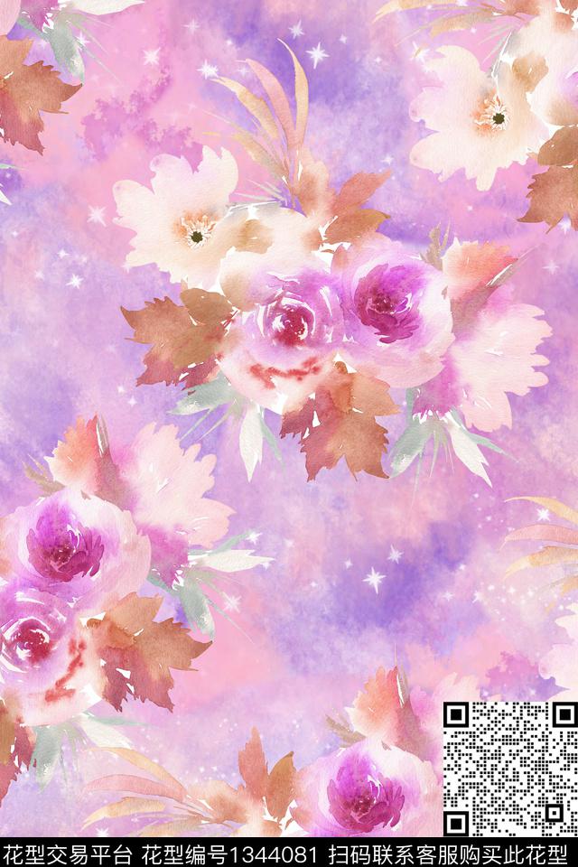 水彩水墨风花卉数码印花华亿平台下载（图片编号: 1344081） - 瓦栏（Walan）