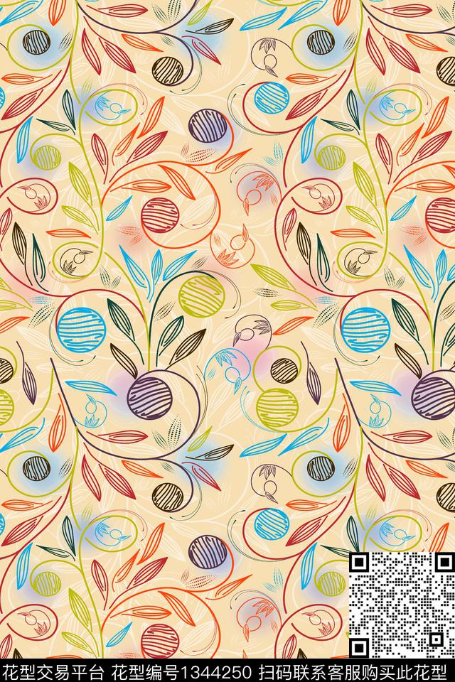 抽象花卉波点传统华亿平台数码印花华亿平台下载（图片编号: 1344250） - 瓦栏（Walan）