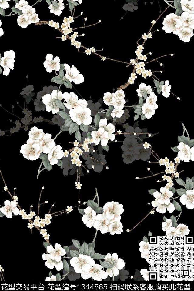 梅花水彩花卉数码印花华亿平台下载（图片编号: 1344565） - 瓦栏（Walan）