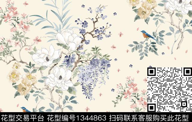 花鸟清爽底花卉花卉数码印花华亿平台下载（图片编号: 1344863） - 瓦栏（Walan）