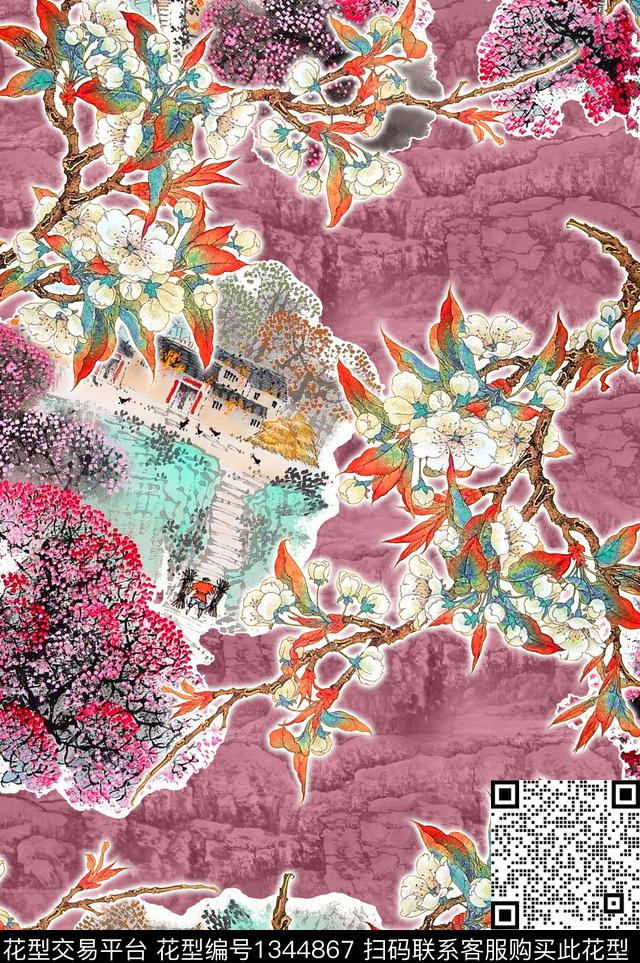 旗袍国画手绘花卉数码印花华亿平台下载（图片编号: 1344867） - 瓦栏（Walan）