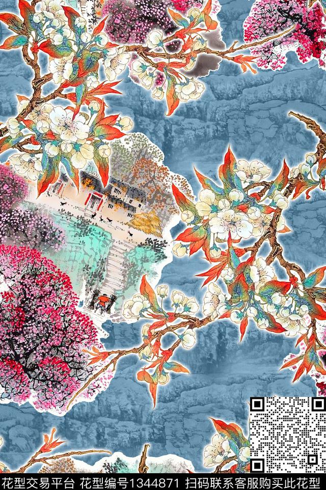 旗袍国画手绘花卉数码印花华亿平台下载（图片编号: 1344871） - 瓦栏（Walan）