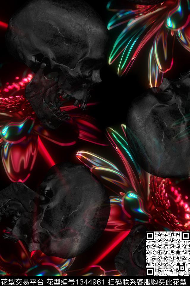 骷髅时尚炫彩花朵科技未来数码印花华亿平台下载（图片编号: 1344961） - 瓦栏（Walan）