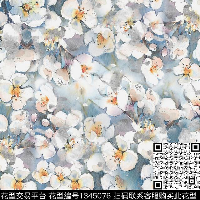 花卉水墨风素雅数码印花华亿平台下载（图片编号: 1345076） - 瓦栏（Walan）