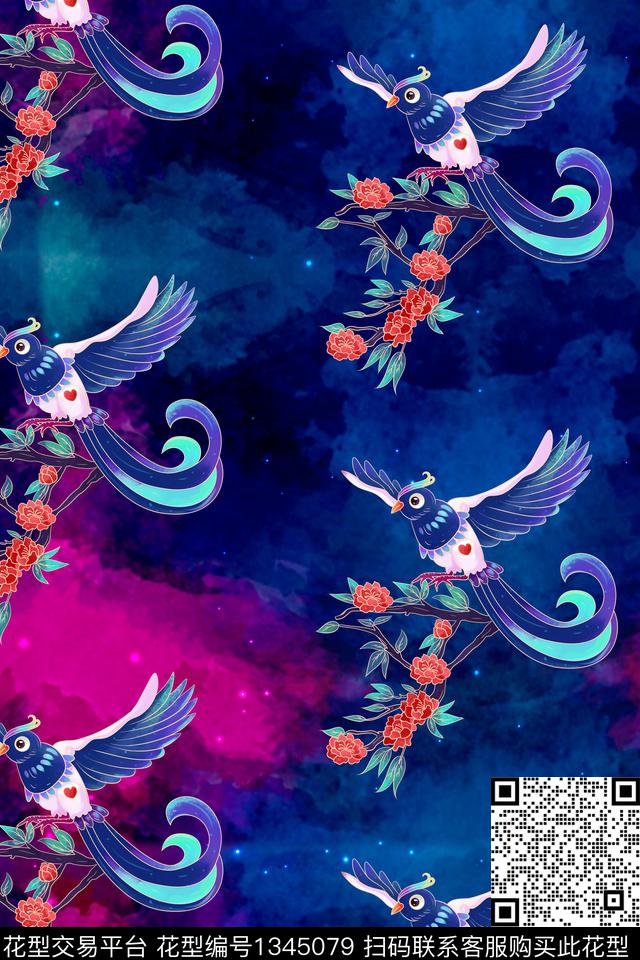 喜鹊抽象花卉复古数码印花华亿平台下载（图片编号: 1345079） - 瓦栏（Walan）