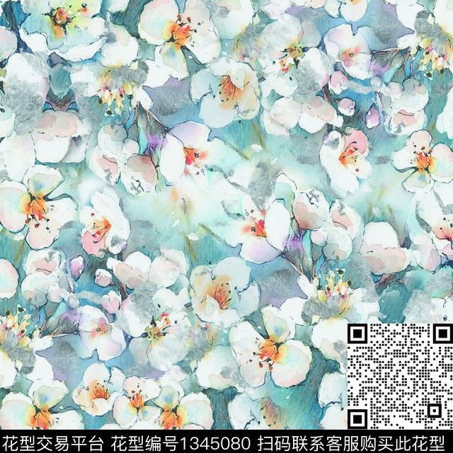 花卉水墨风素雅数码印花华亿平台下载（图片编号: 1345080） - 瓦栏（Walan）