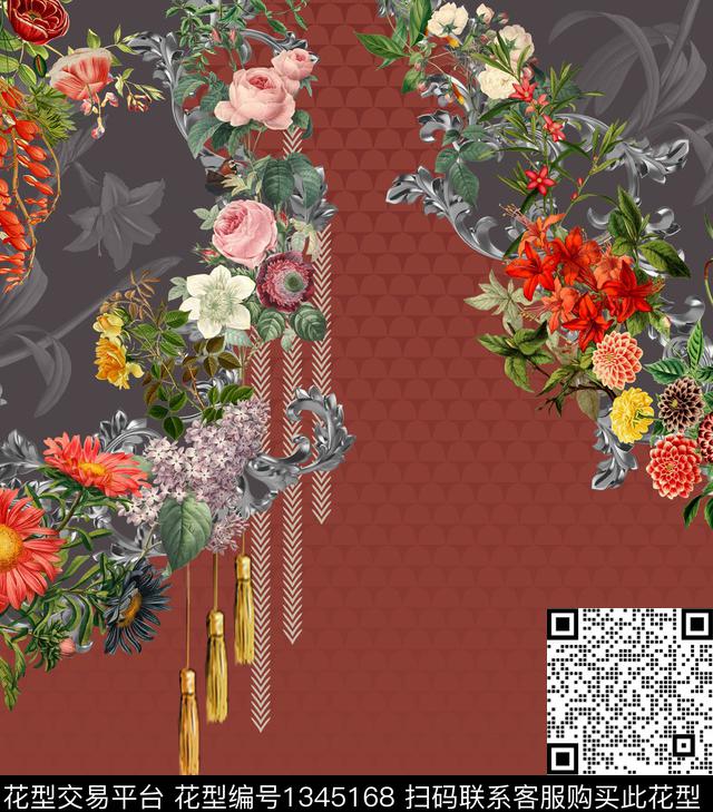 连衣裙彩底花卉定位花数码印花华亿平台下载（图片编号: 1345168） - 瓦栏（Walan）