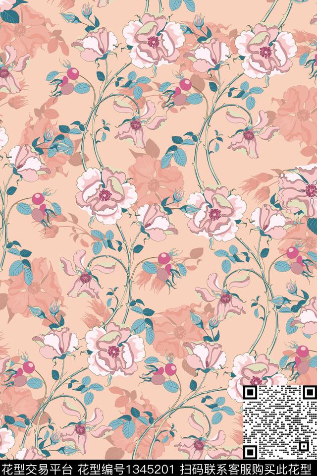 花卉蔷薇花大牌风数码印花华亿平台下载（图片编号: 1345201） - 瓦栏（Walan）