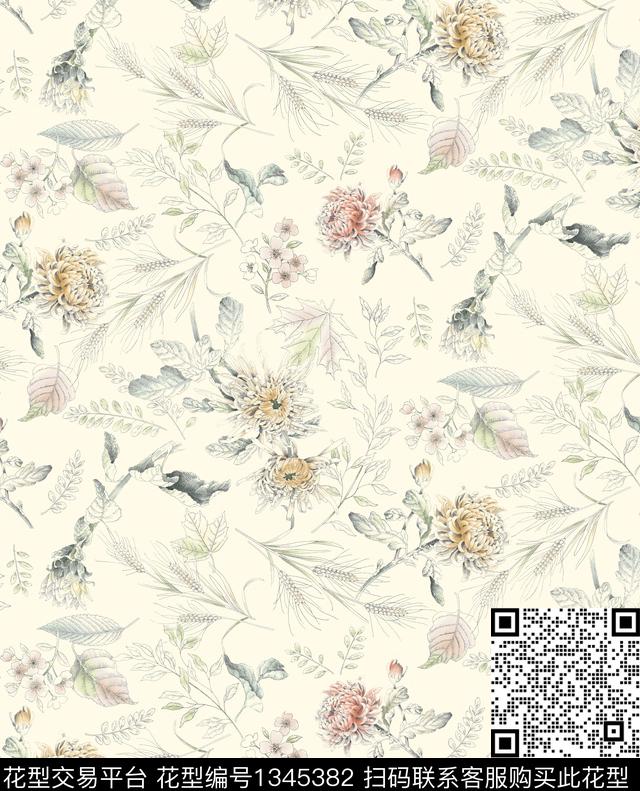 线条花卉绿植树叶数码印花华亿平台下载（图片编号: 1345382） - 瓦栏（Walan）