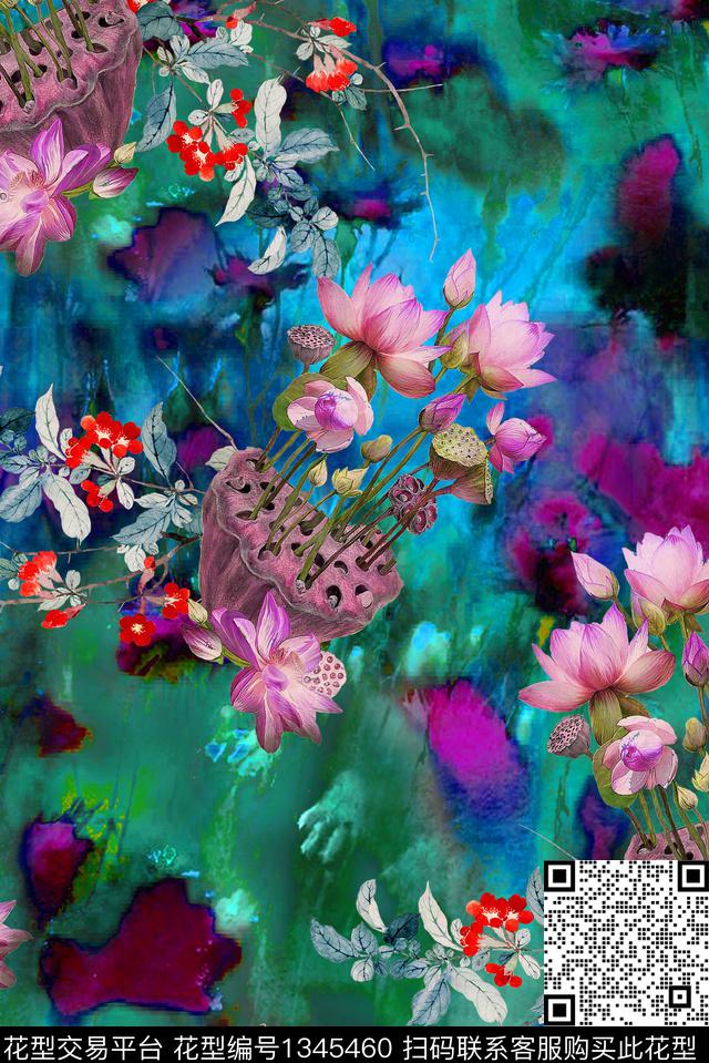 花卉香云纱真丝数码印花华亿平台下载（图片编号: 1345460） - 瓦栏（Walan）