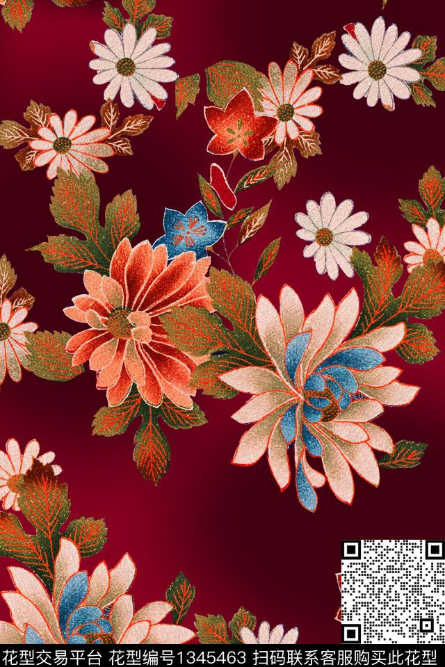 花卉香云纱中国风数码印花华亿平台下载（图片编号: 1345463） - 瓦栏（Walan）