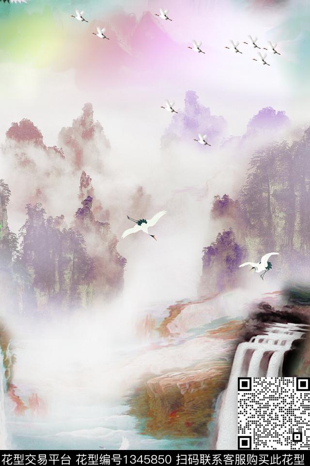 仙鹤国画瀑布数码印花华亿平台下载（图片编号: 1345850） - 瓦栏（Walan）