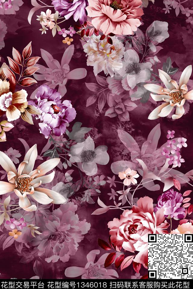 时尚花卉真丝数码印花华亿平台下载（图片编号: 1346018） - 瓦栏（Walan）