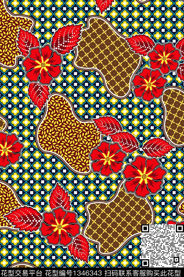 几何民族风花卉数码印花华亿平台下载（图片编号: 1346343） - 瓦栏（Walan）