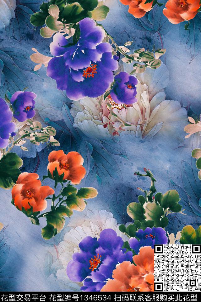 花卉大牌风香云纱数码印花华亿平台下载（图片编号: 1346534） - 瓦栏（Walan）