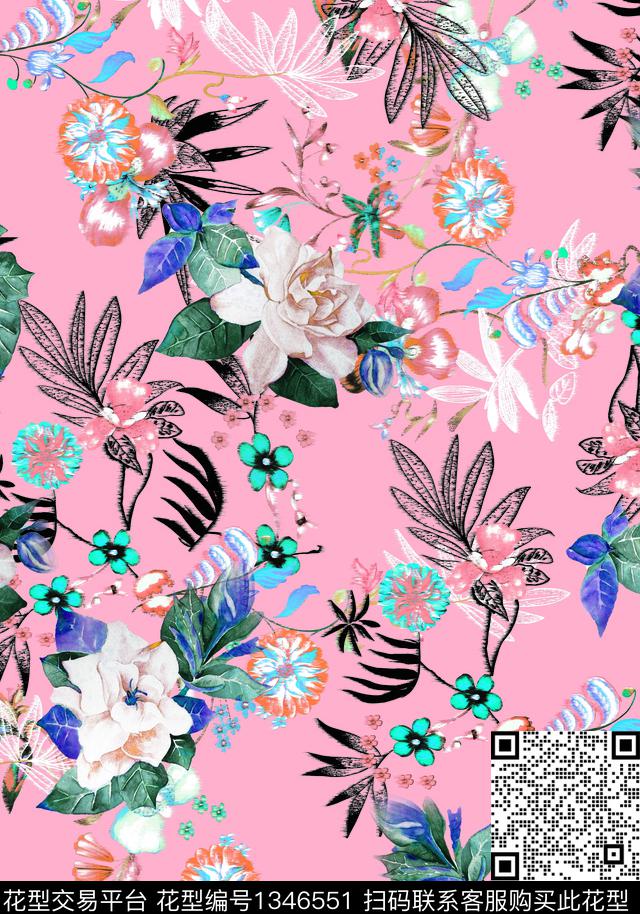 绿植树叶民族花卉抽象花卉数码印花华亿平台下载（图片编号: 1346551） - 瓦栏（Walan）