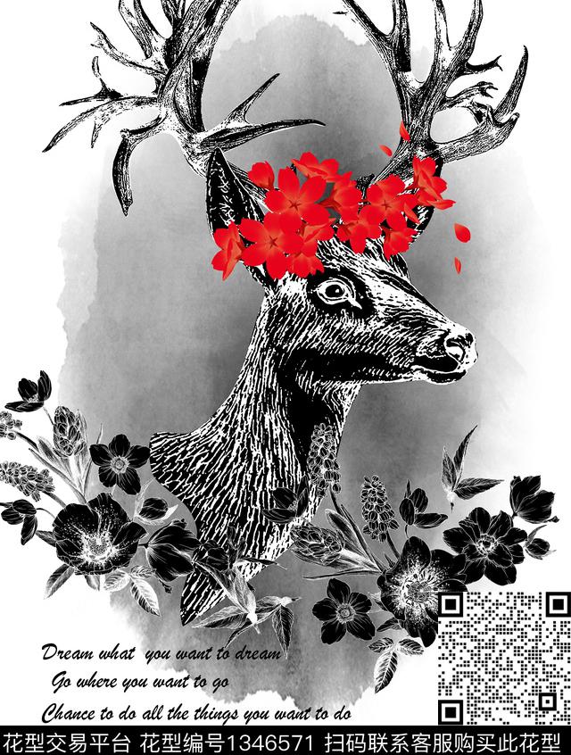 黑底花卉动物头定位花传统印花华亿平台下载（图片编号: 1346571） - 瓦栏（Walan）