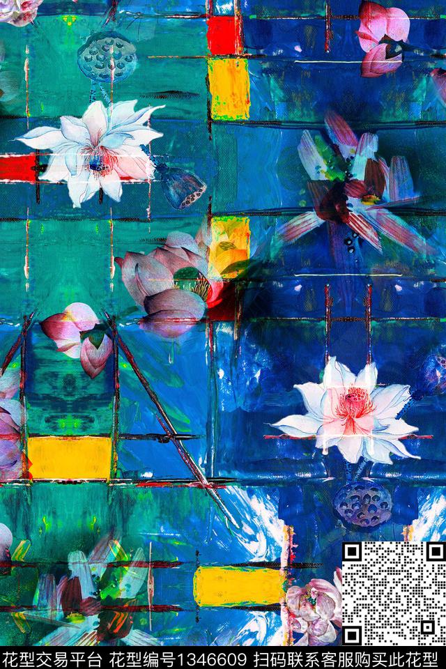 荷花香云纱中国风数码印花华亿平台下载（图片编号: 1346609） - 瓦栏（Walan）