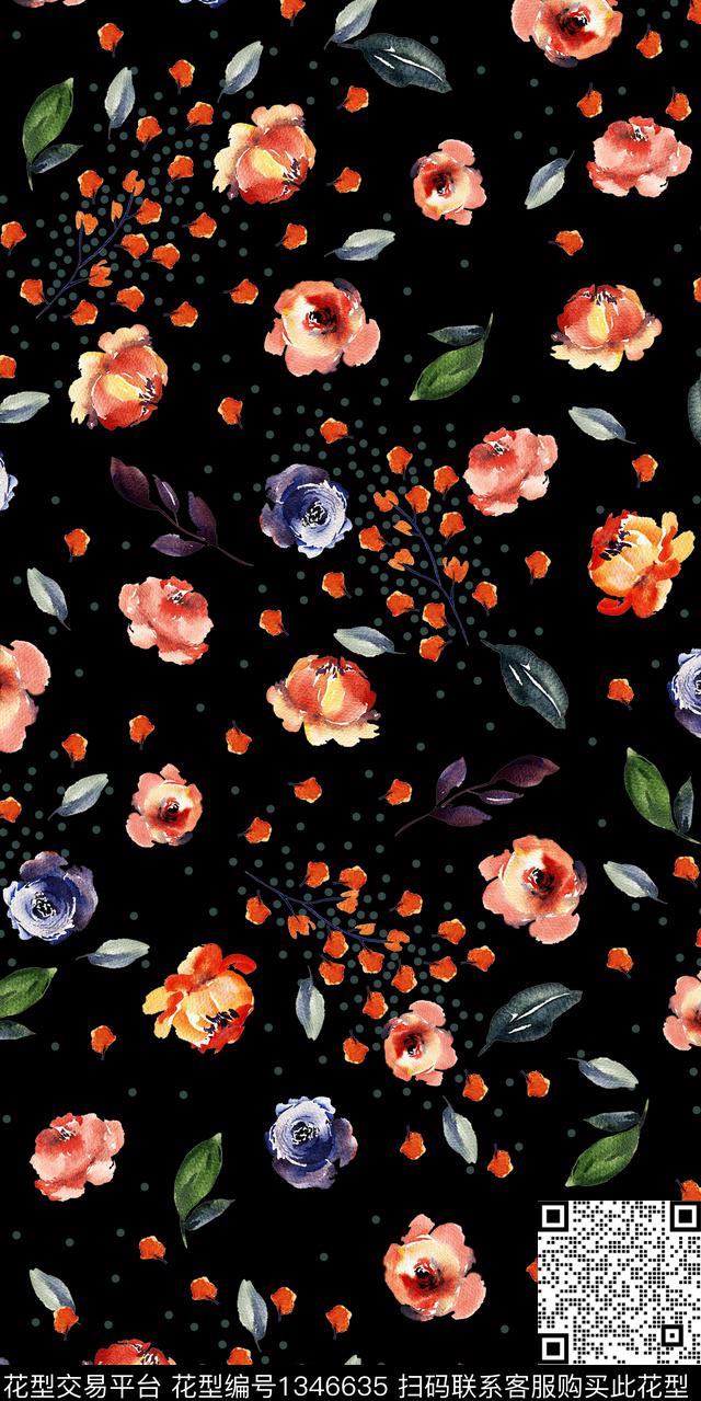 花卉香云纱密集碎花数码印花华亿平台下载（图片编号: 1346635） - 瓦栏（Walan）