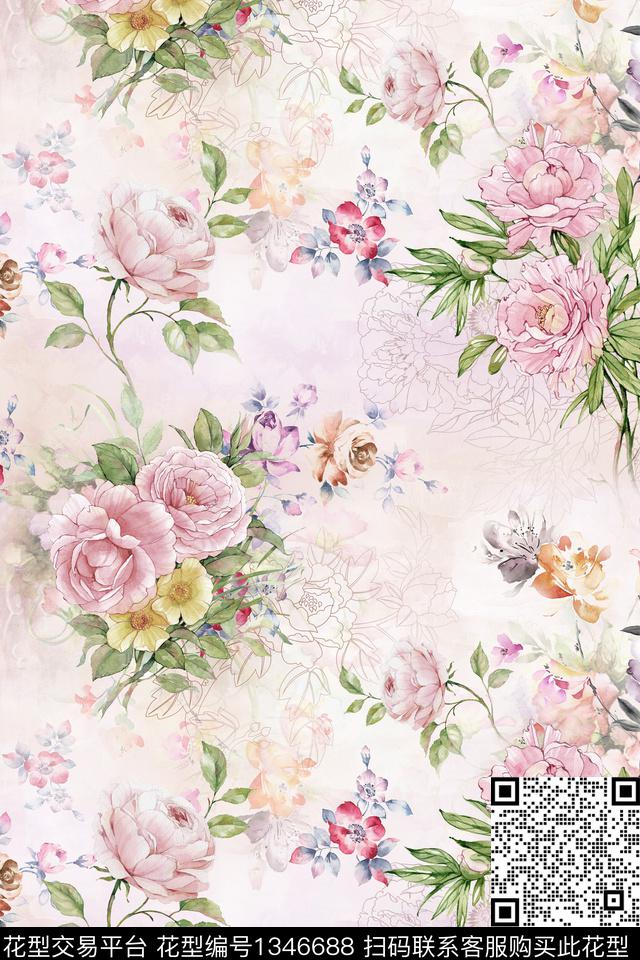 朦胧花卉手绘花卉朦胧底数码印花华亿平台下载（图片编号: 1346688） - 瓦栏（Walan）