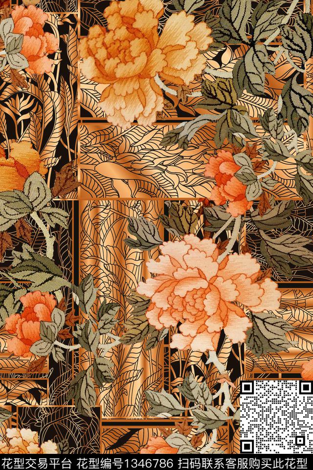 大花中国风拼贴华亿平台数码印花华亿平台下载（图片编号: 1346786） - 瓦栏（Walan）