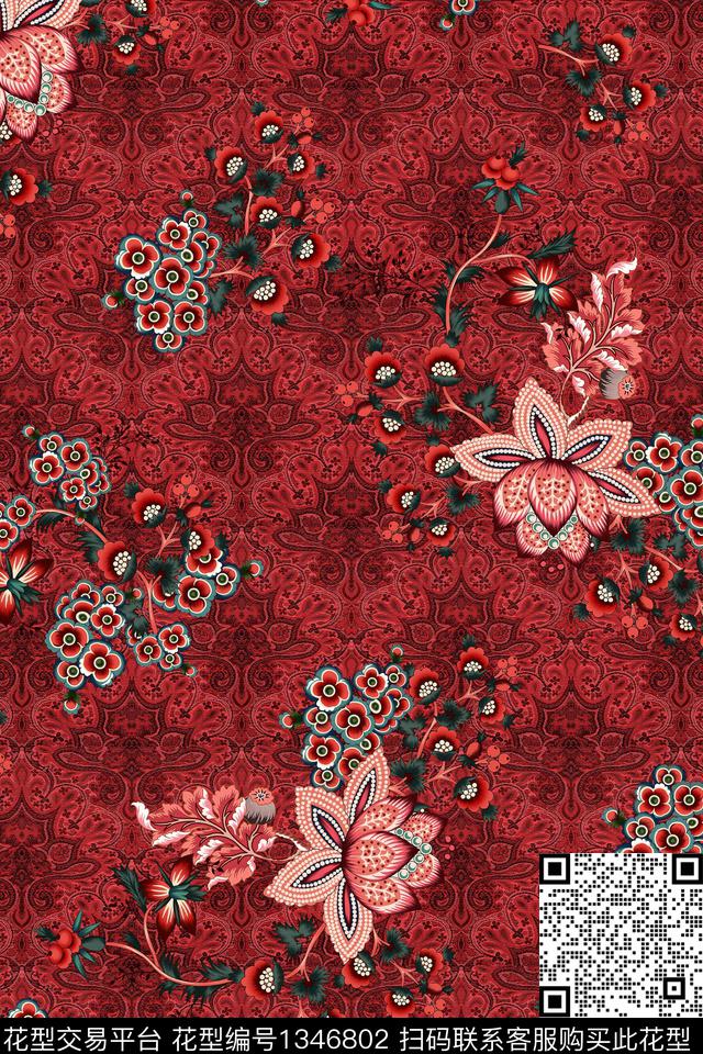 布纹中国风花卉数码印花华亿平台下载（图片编号: 1346802） - 瓦栏（Walan）