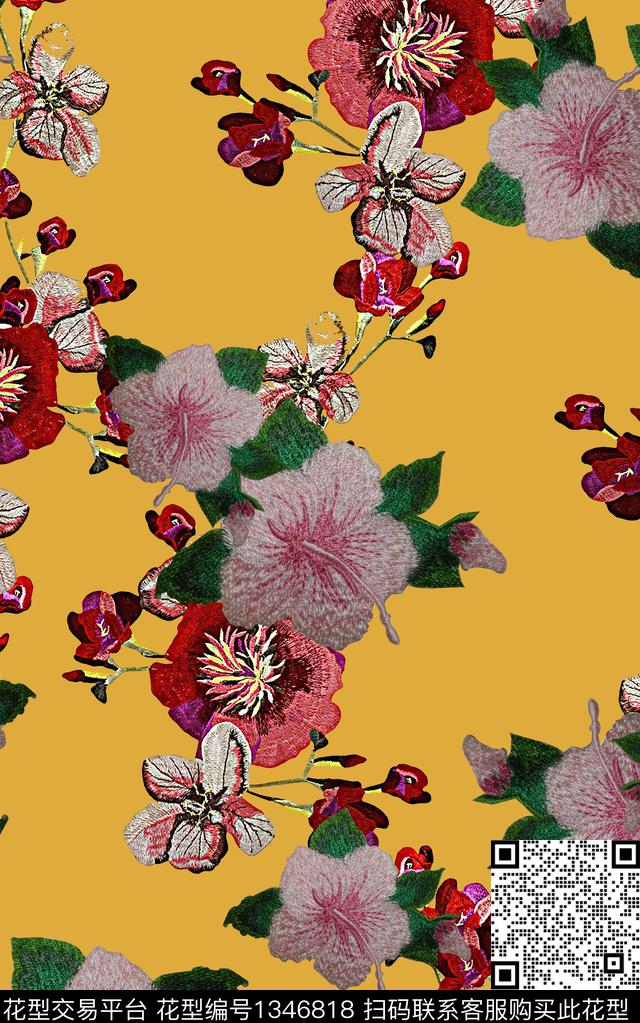 抽象花卉民族风刺绣印花中国风旗袍印花数码印花华亿平台下载（图片编号: 1346818） - 瓦栏（Walan）