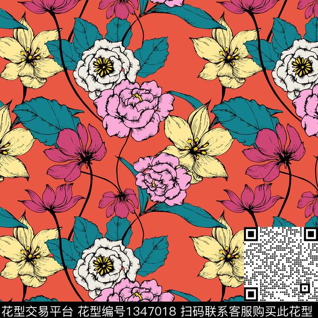 炫彩四叶草花卉传统印花华亿平台下载（图片编号: 1347018） - 瓦栏（Walan）