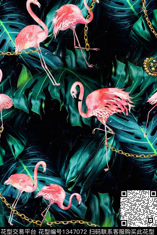 链条火烈鸟绿植树叶数码印花华亿平台下载（图片编号: 1347072） - 瓦栏（Walan）