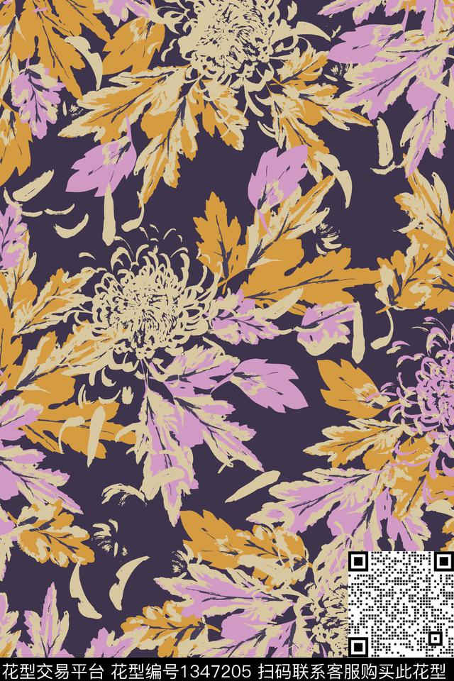 黑底花卉花卉大牌风传统印花华亿平台下载（图片编号: 1347205） - 瓦栏（Walan）