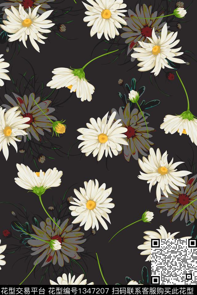 黑底花卉花卉大牌风数码印花华亿平台下载（图片编号: 1347207） - 瓦栏（Walan）