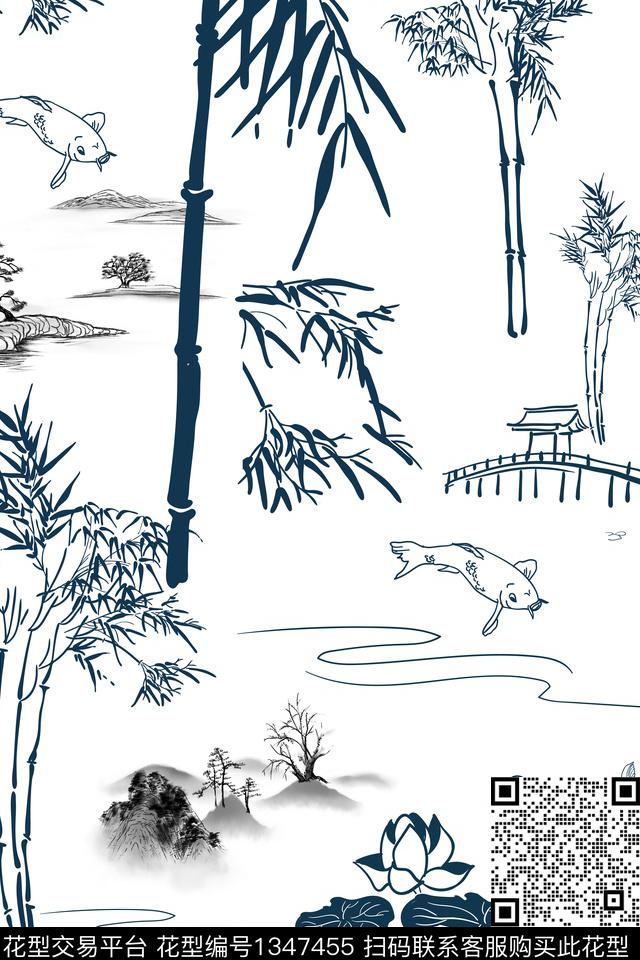 荷花水墨风竹子数码印花华亿平台下载（图片编号: 1347455） - 瓦栏（Walan）