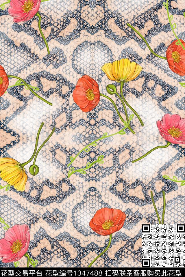 时尚动物皮花卉数码印花华亿平台下载（图片编号: 1347488） - 瓦栏（Walan）