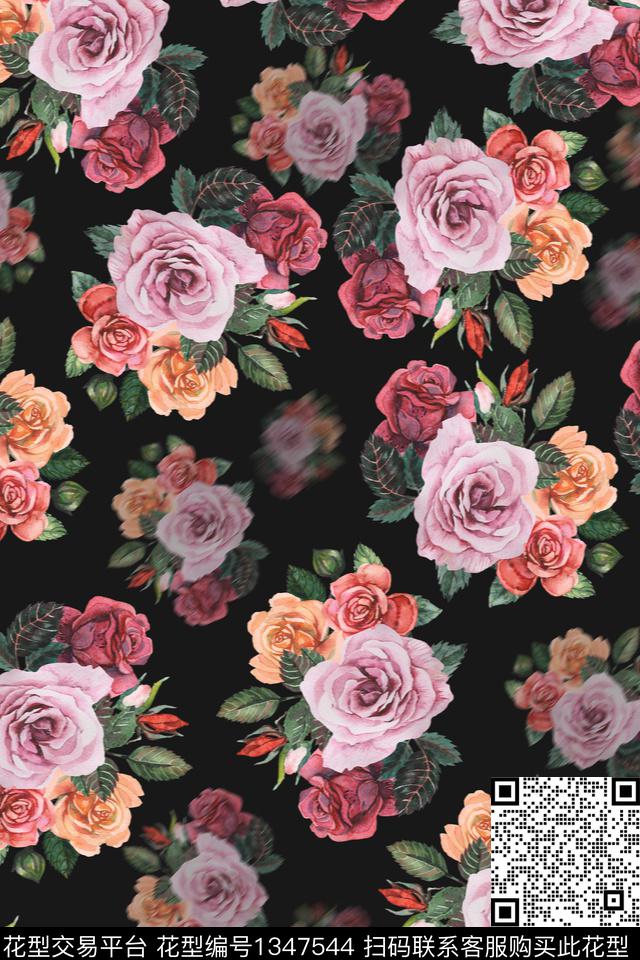 黑底花卉花卉大牌风数码印花华亿平台下载（图片编号: 1347544） - 瓦栏（Walan）