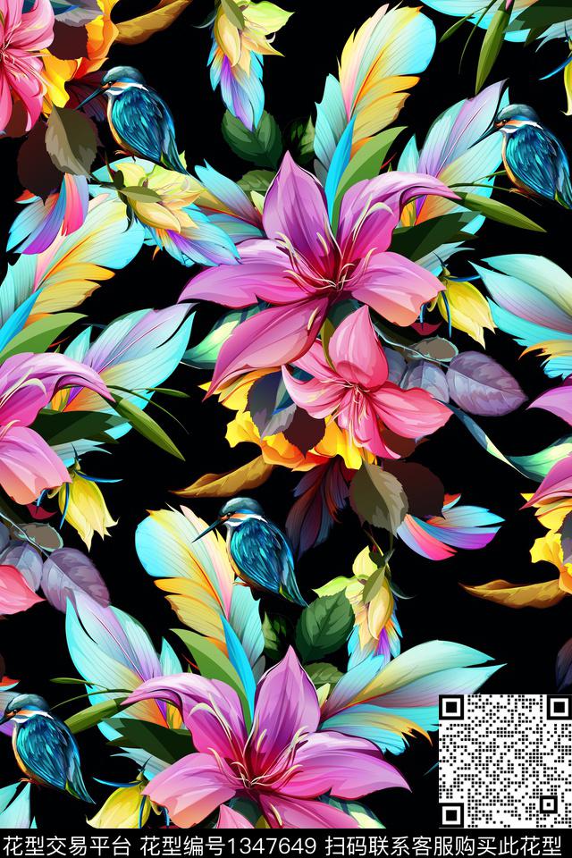 羽毛花卉大牌风数码印花华亿平台下载（图片编号: 1347649） - 瓦栏（Walan）