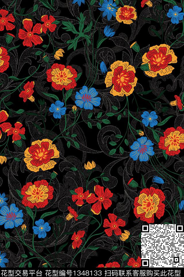 抽象花卉花卉大牌风数码印花华亿平台下载（图片编号: 1348133） - 瓦栏（Walan）