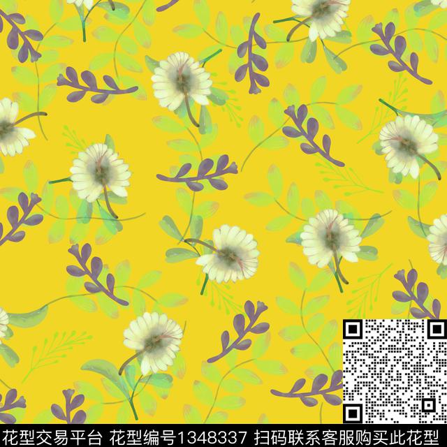 黄花绿植树叶水彩数码印花华亿平台下载（图片编号: 1348337） - 瓦栏（Walan）