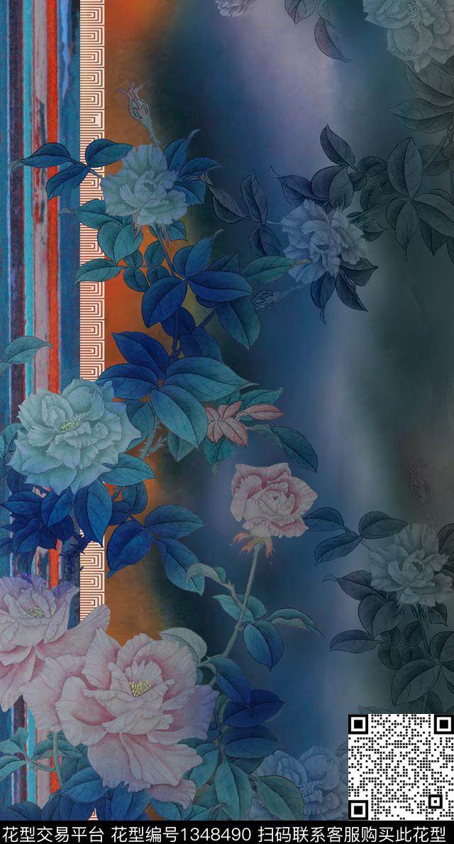 大花中国风定位花朦胧底纹数码印花华亿平台下载（图片编号: 1348490） - 瓦栏（Walan）