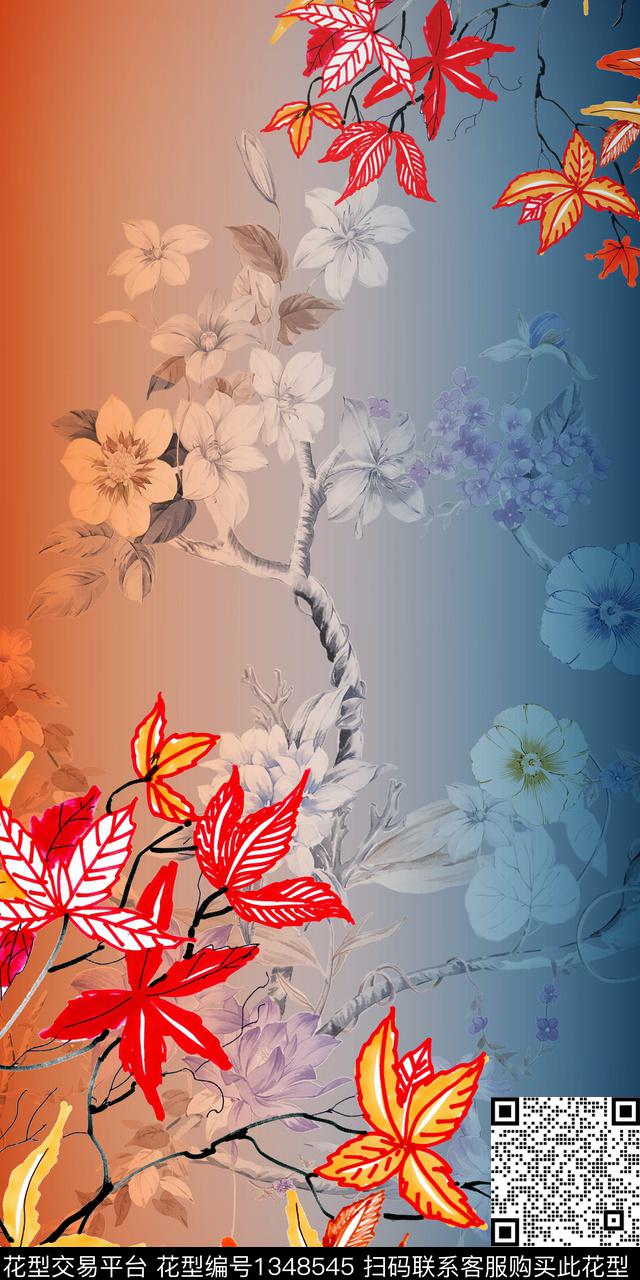 花卉渐变色过度绿植树叶数码印花华亿平台下载（图片编号: 1348545） - 瓦栏（Walan）