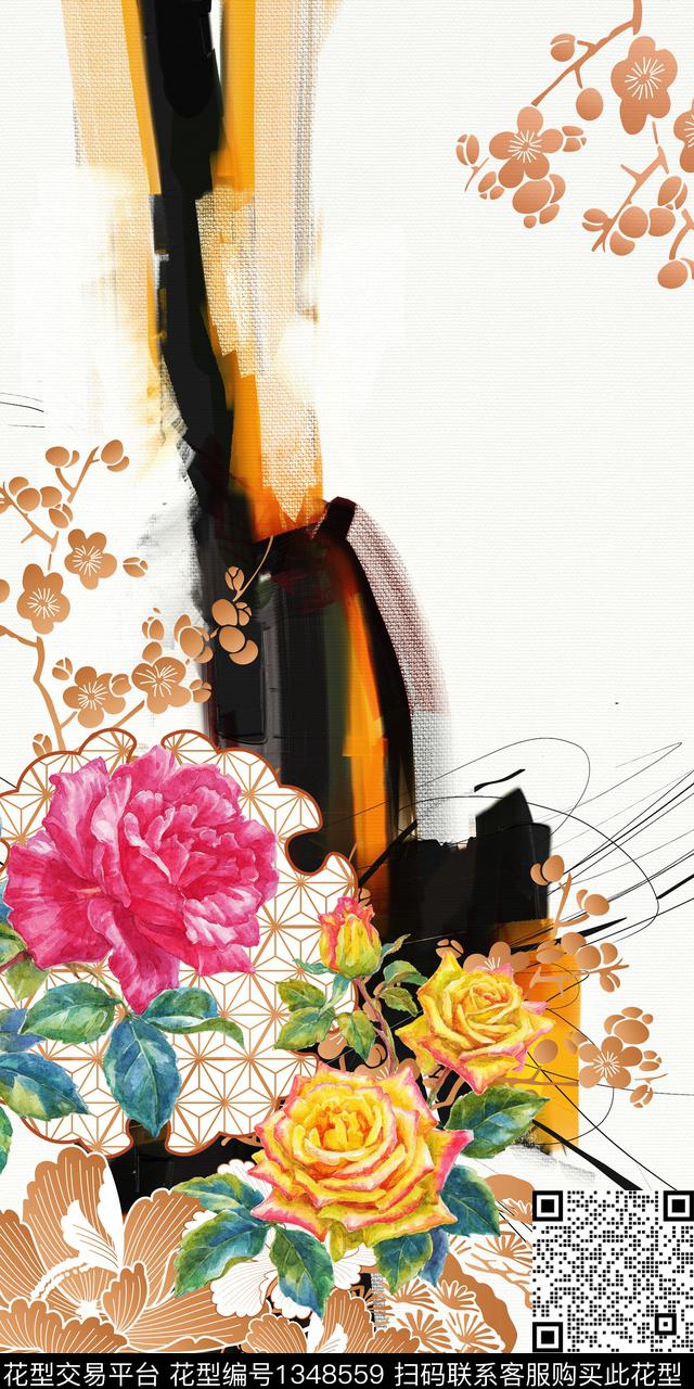 涂鸦花卉中国风纹理数码印花华亿平台下载（图片编号: 1348559） - 瓦栏（Walan）