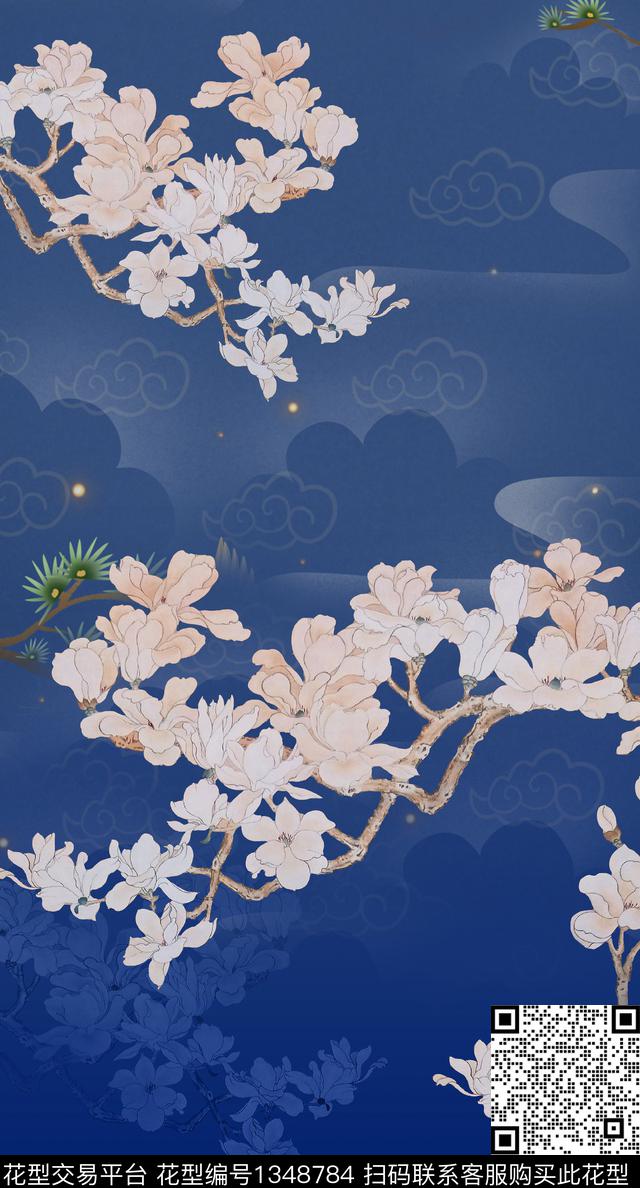 玉兰花底纹中国风定位花数码印花华亿平台下载（图片编号: 1348784） - 瓦栏（Walan）