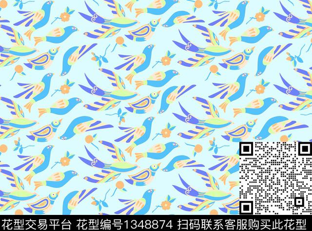 撞色鸟动物传统印花华亿平台下载（图片编号: 1348874） - 瓦栏（Walan）