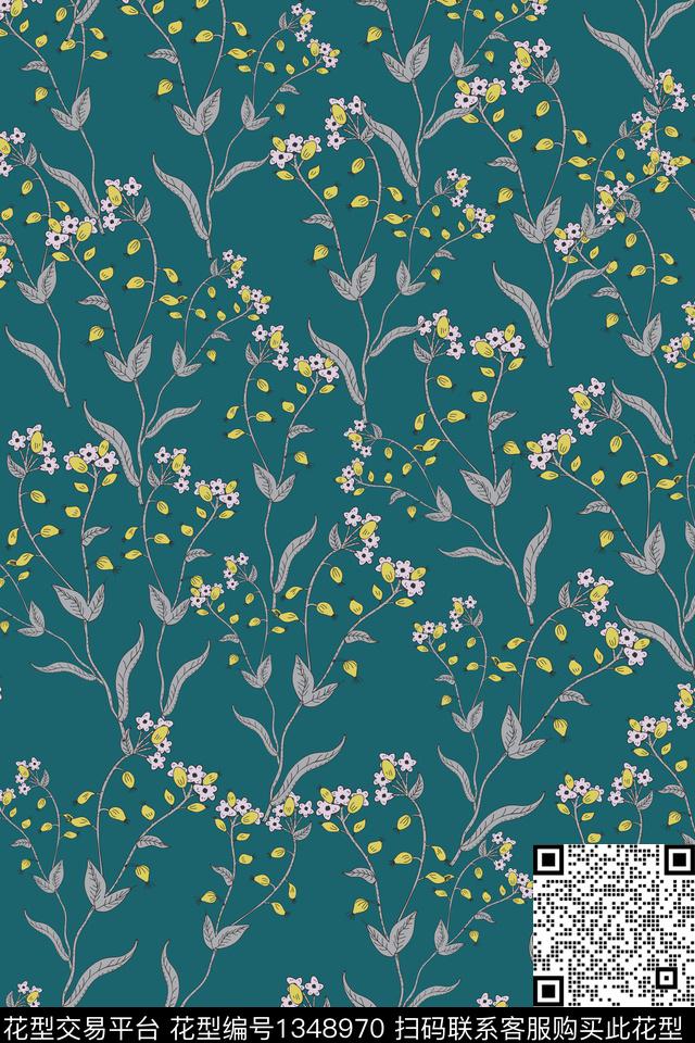 黄花小碎花线条花卉传统印花华亿平台下载（图片编号: 1348970） - 瓦栏（Walan）